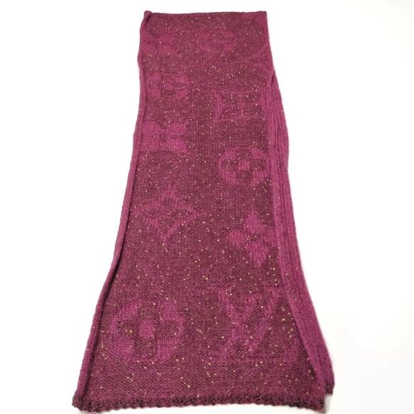 Auth Louis Vuitton Burgundy Mohair LV Monogram Sunset Stole Muffler Scarf Ex++ - Picture 2 of 9